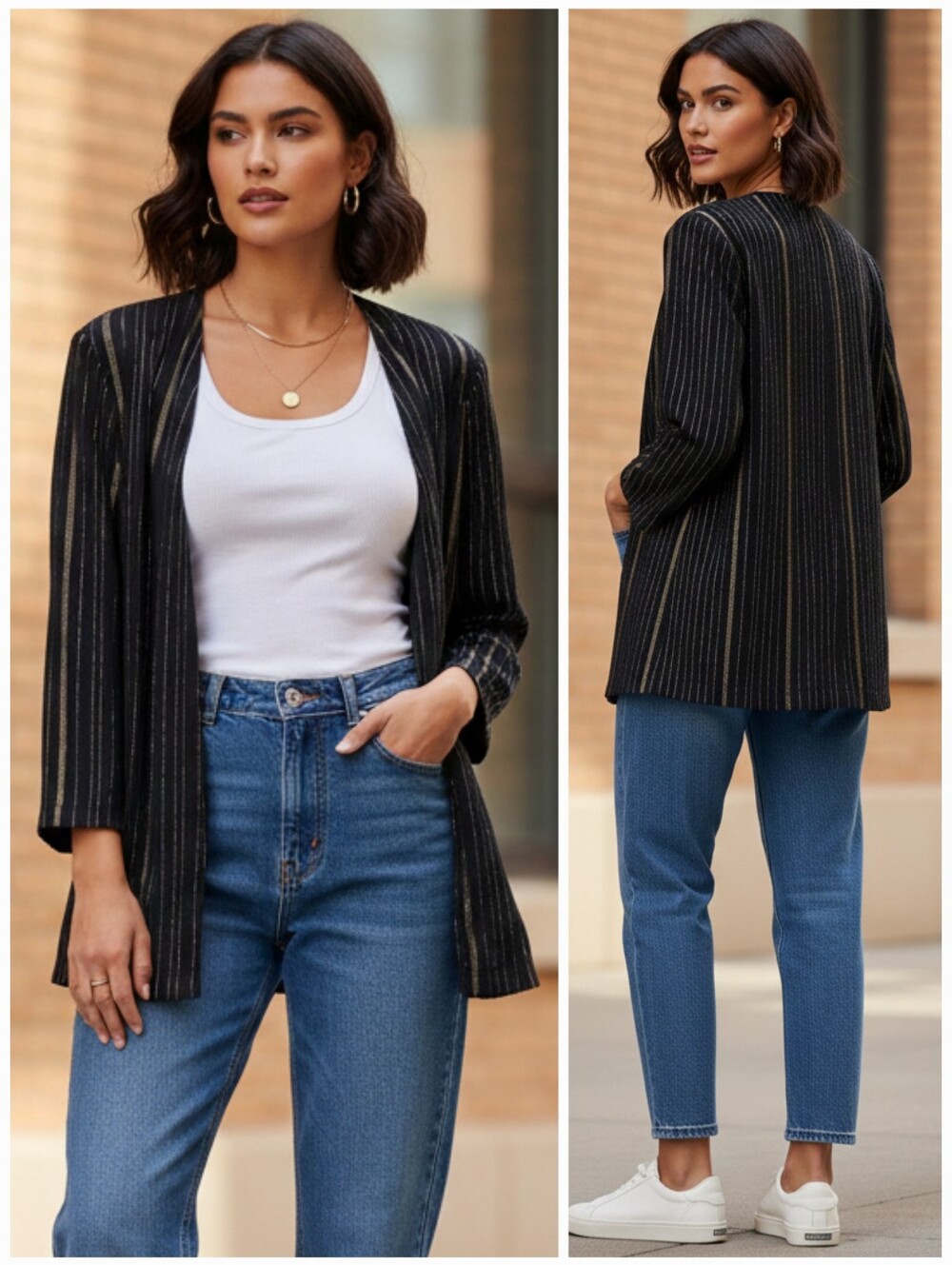 Joseph Ribkoff 8P Vintage 90s Timeless Contemporary Metallic Striped Open Blazer